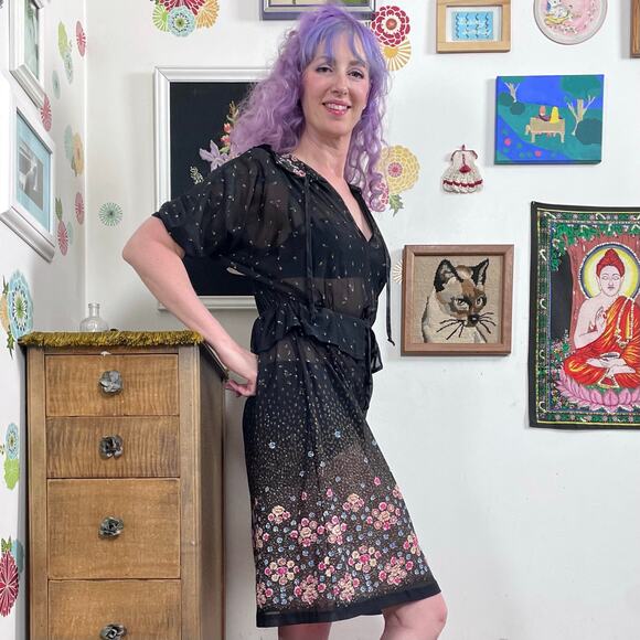 Vintage Sheer Black Floral Dress, 1970s Bohemian Fairycore Flower Print, Sz S - Picture 2 of 11